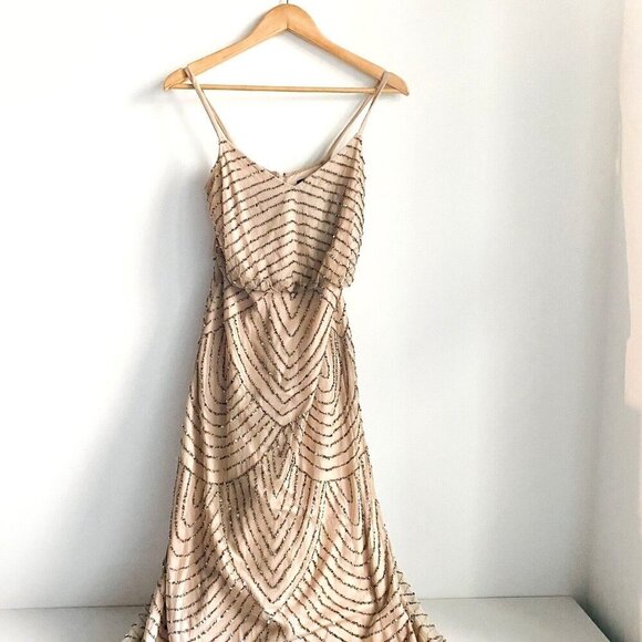 Adrianna Papell Nude Beaded Art Deco Spaghetti Strap Maxi Dress 0 - Picture 7 of 9